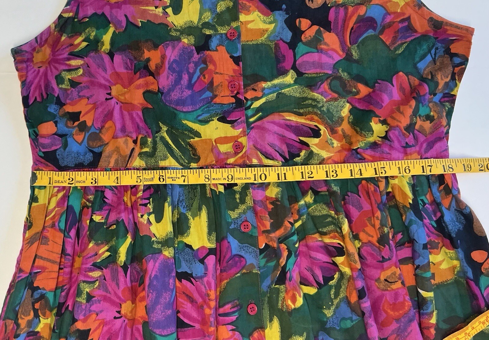 Vintage Sita Nepal Long Dress 100% Cotton Sz Large L Bright Floral Pockets VGUC