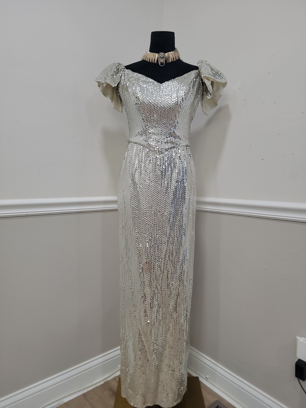 VTG 80s Alice Designs Silver Sequin Beaded Evening Gown Formal Prom Dress