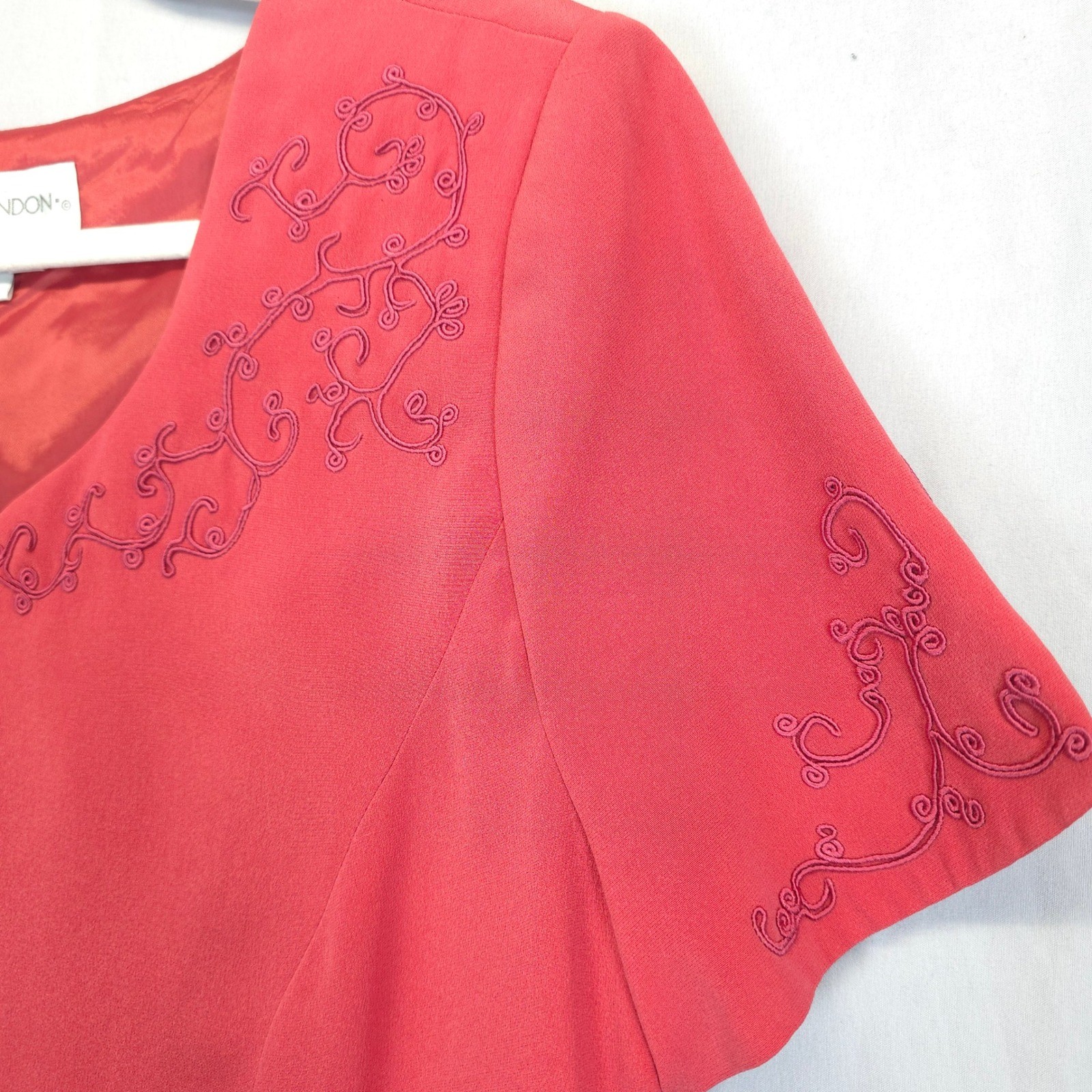 Maggy London Silk Dress Women 12 Coral Pink Embroidered Button Front Midi Church