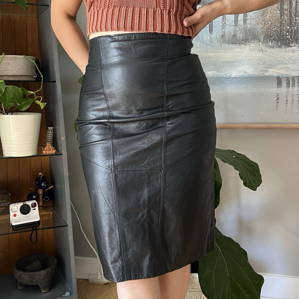Vintage Pelle Cuir Black Genuine Leather Pencil Skirt High Waist Size 10 Midi
