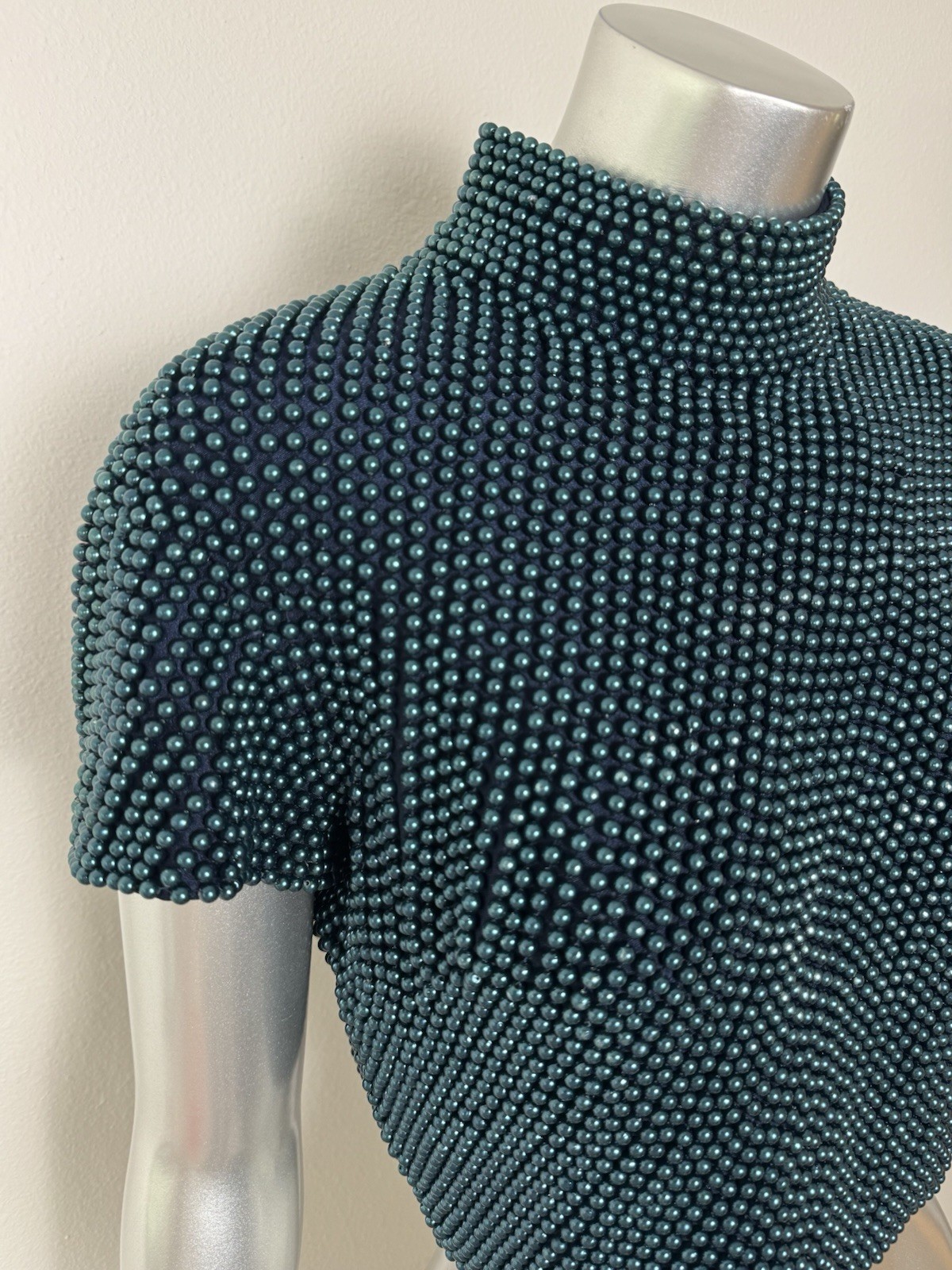 Vintage 80s VIE Victoria Royal Heavy Faux Pearl Beaded Mock Neck Blouse Top 10