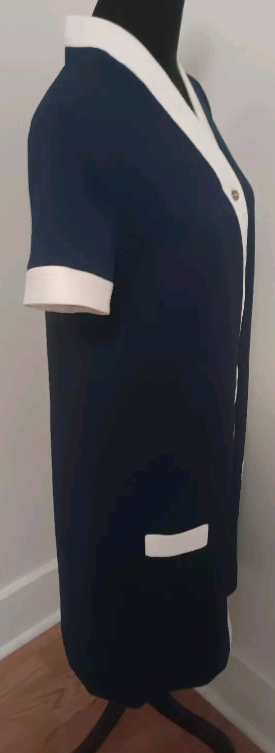 1960s Navy Blue Knit Shirt Dress Ribbed Waitress Stewardess Pockets Size 16 VTG