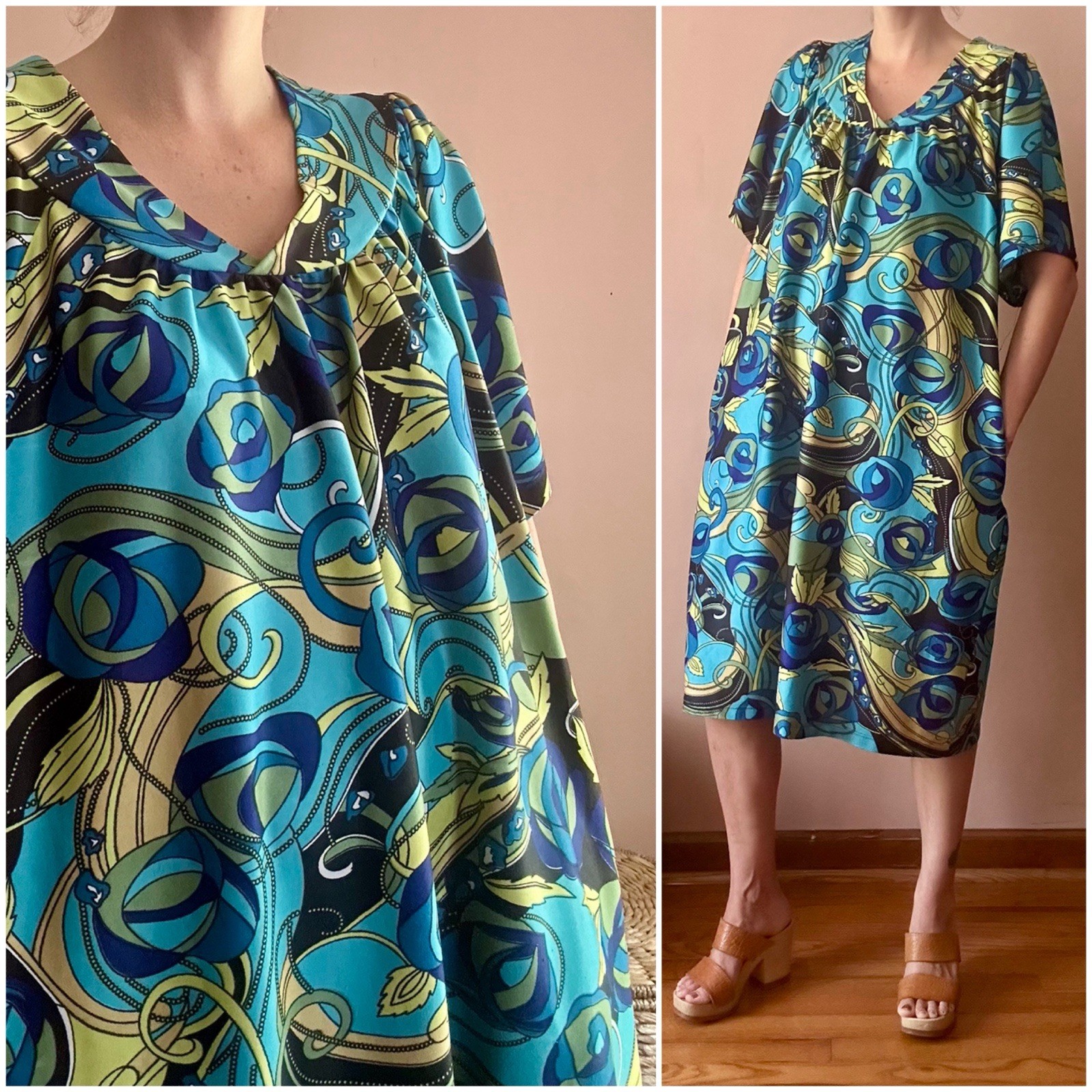 Vintage 70s Blue Psychedelic Caftan Tent Trapeze House Dress Pockets Hippie Boho