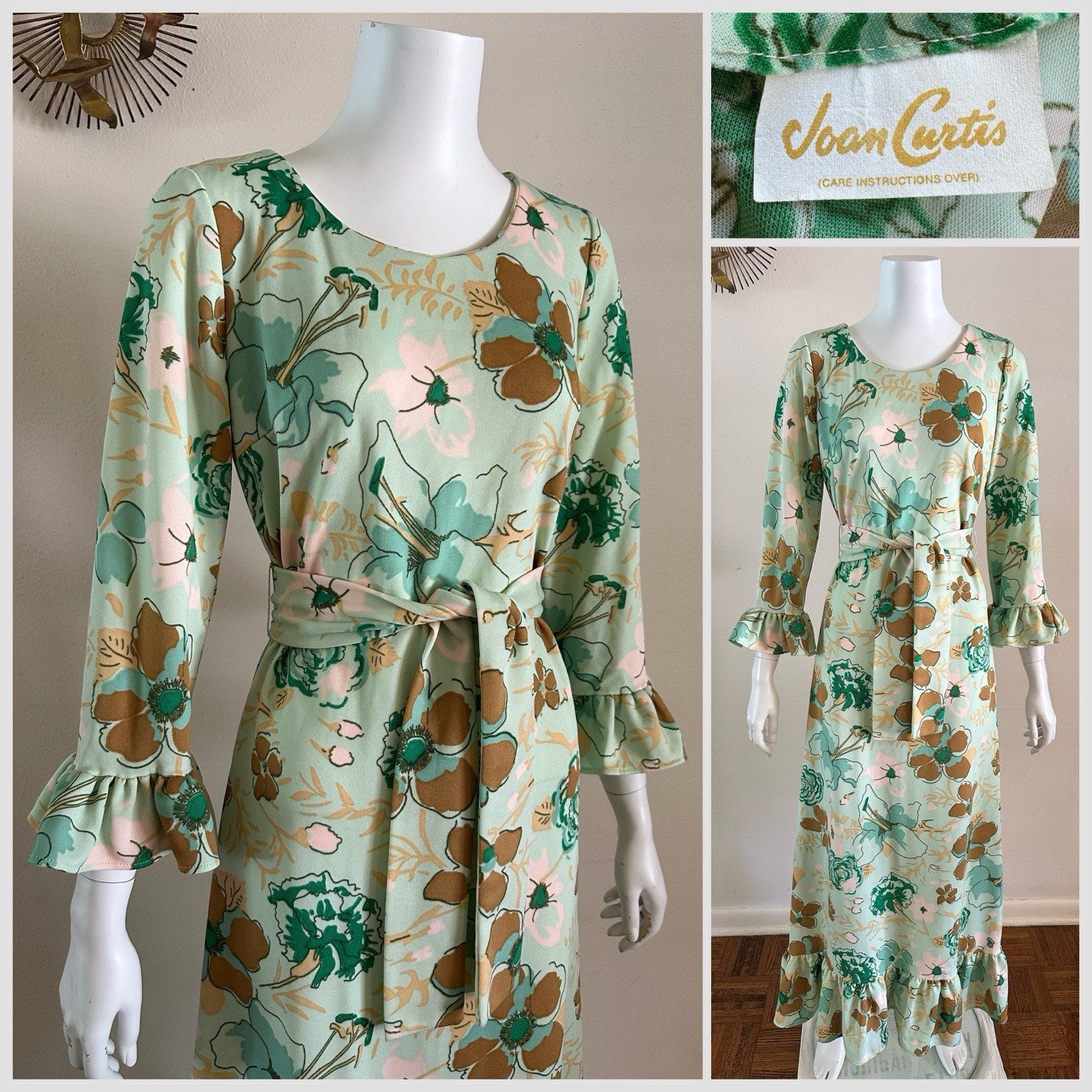 1970s Joan Curtis Floral Maxi Dress Mint Green Ruffle Belt Boho Resort Vintage
