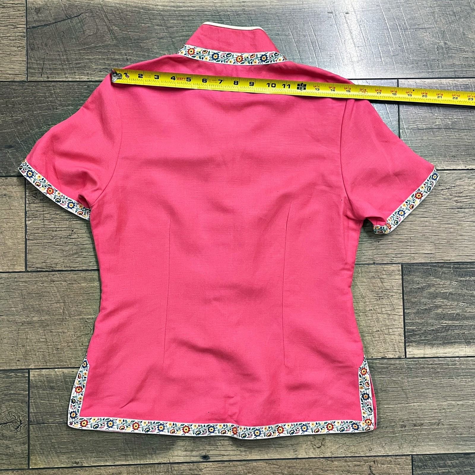 Vintage 90s Chinese Blouse Pink Floral Trim Frog Buttons Size Small