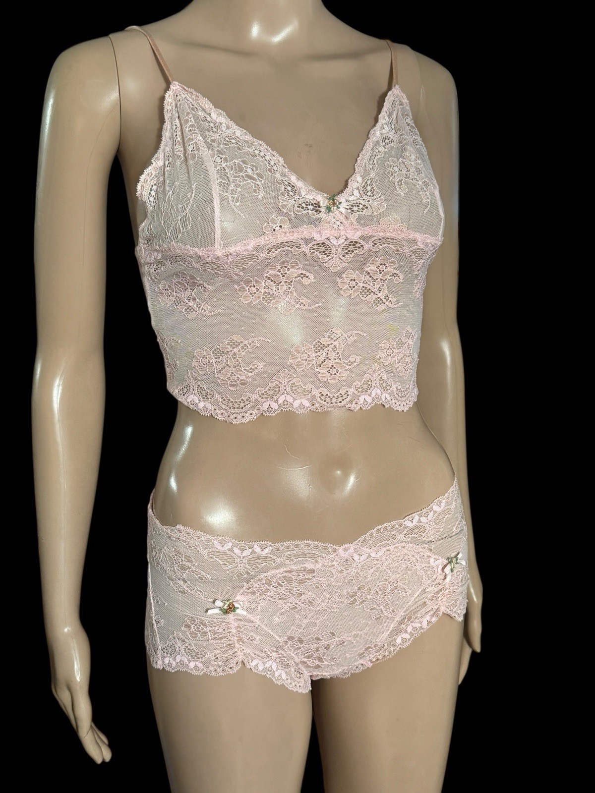 Victoria’s Secret Pink Victorian Sheer Lace Flowers Cami Panty Set Sz Small VTG