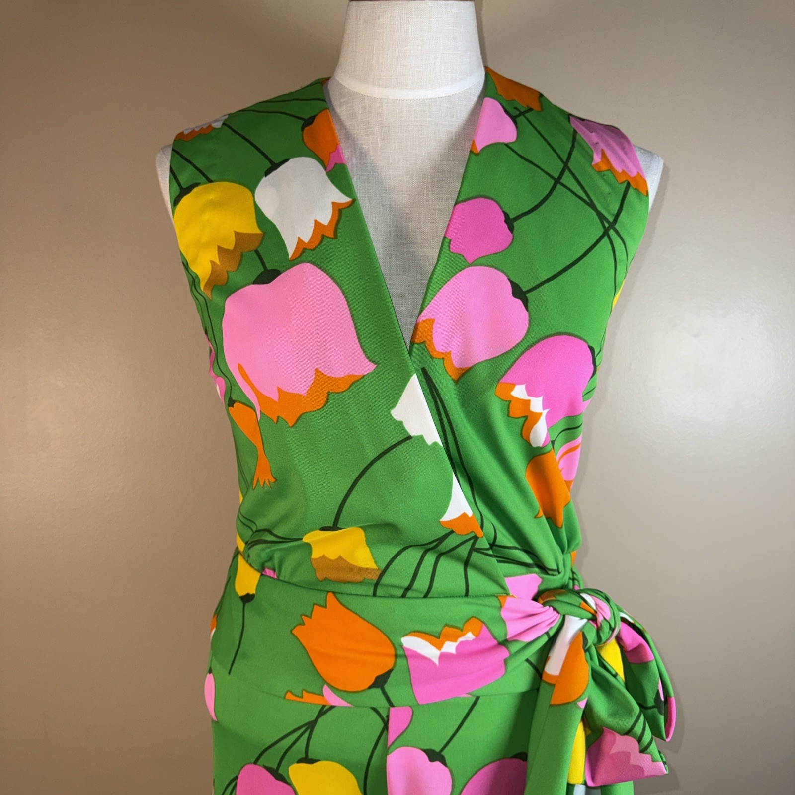 Vintage 60s Mod Tulip Floral Wrap Top Wide Leg Palazzo Pants Set S XS 2/4 W-26″