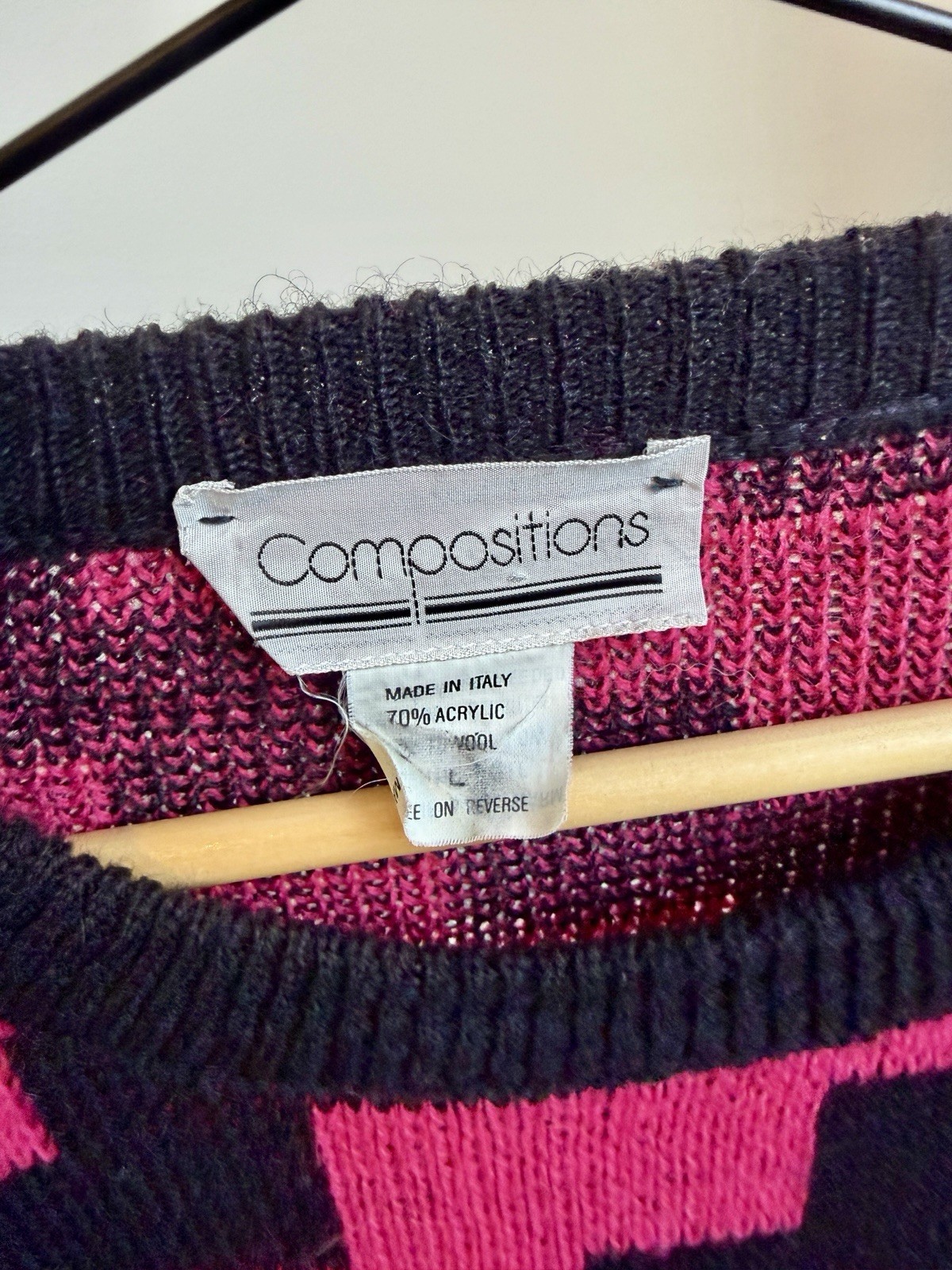 Vintage Compositions Made in Italy Geometric Sweater Pink Black Knit Size L