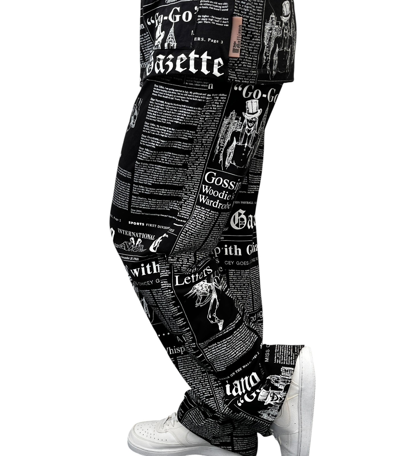 John Galliano Vintage Newspaper Print Hoodie Top Pants Set #XS Black 902549
