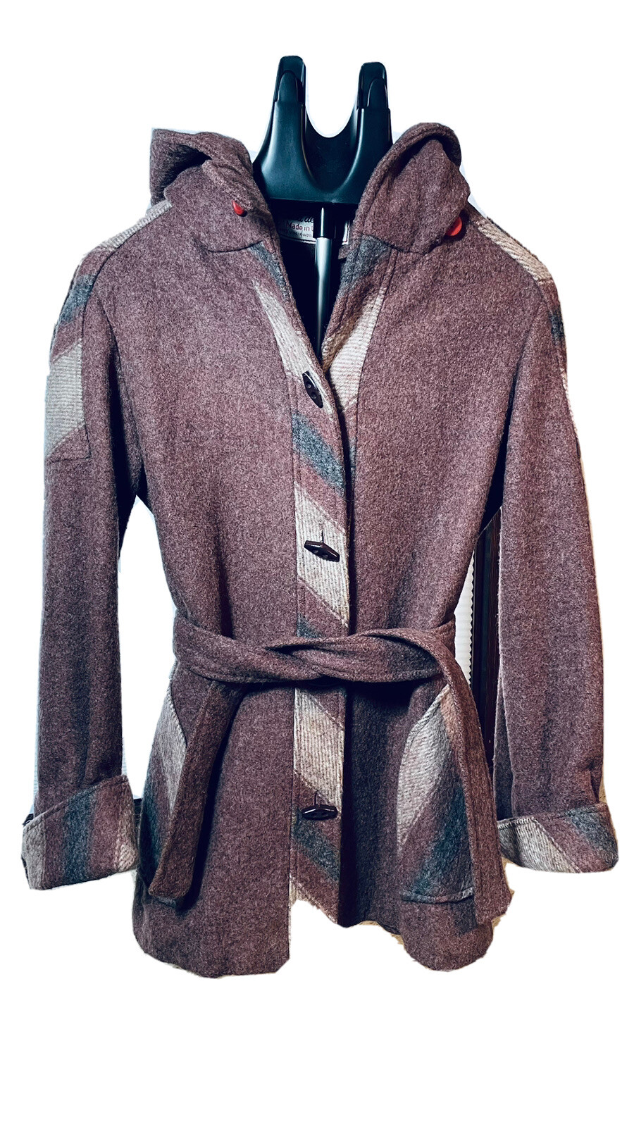 Casa de Lana Virgin Wool Hooded Belted Retro Coat Women’s Size 9 10 Vintage