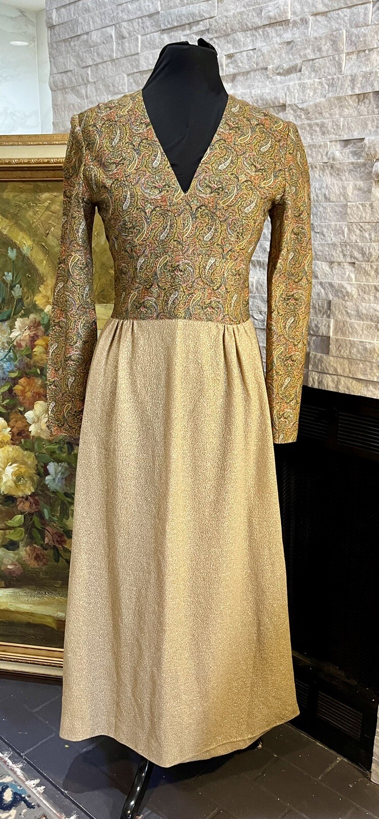 Vintage 60s/70s Iradecent Brocade Long Sparkling Gown Gold & Paisley V Neck Long