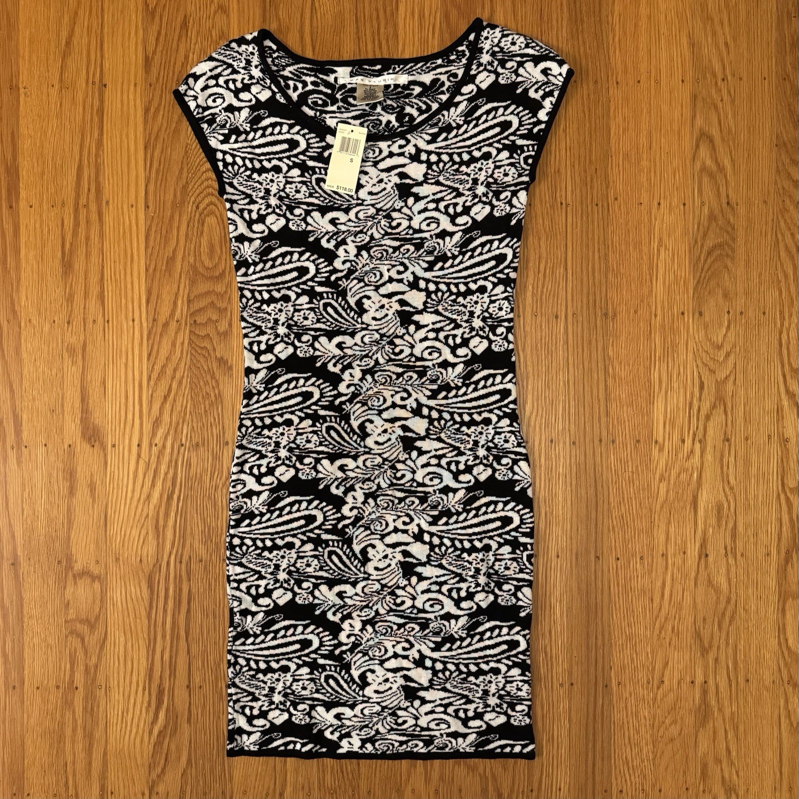 NWT Vintage 90s Max Studio Knit Dress Paisley Floral Bodycon Black White Small