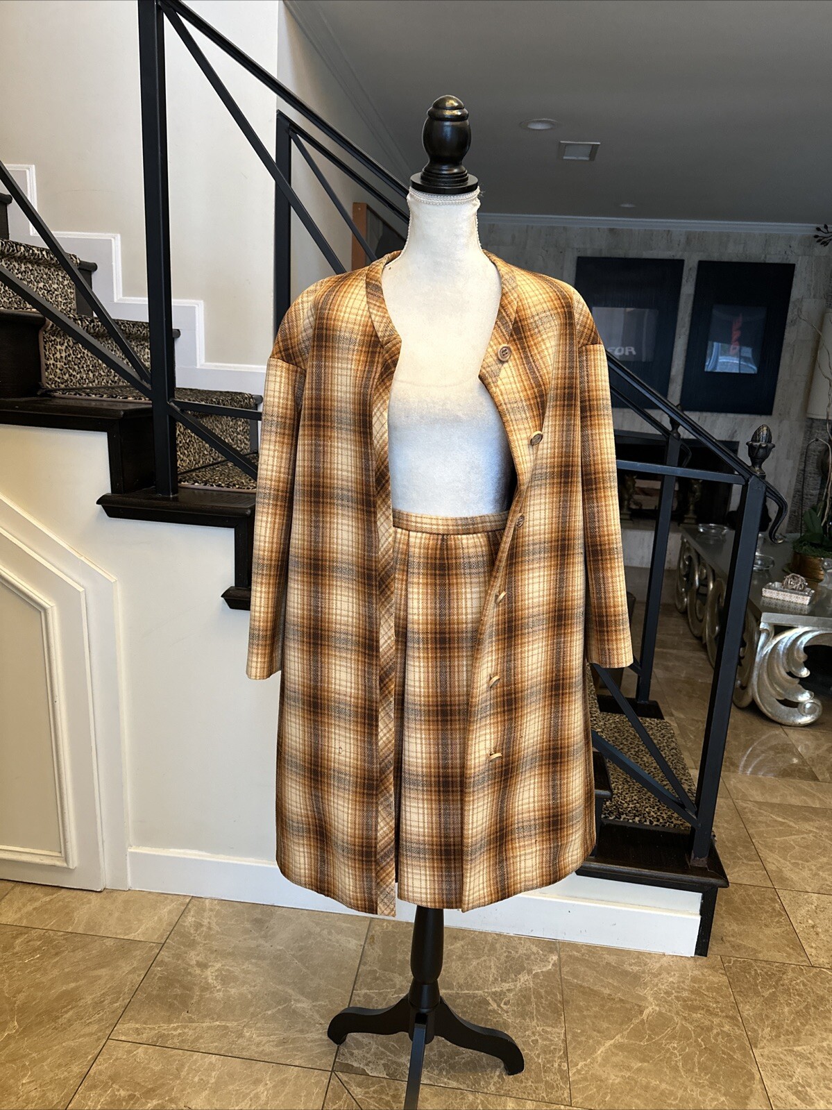 Jacques Tiffeau 60s Brown Tones Wool Blanket Plaid Coat & Pleated Skirt Set S