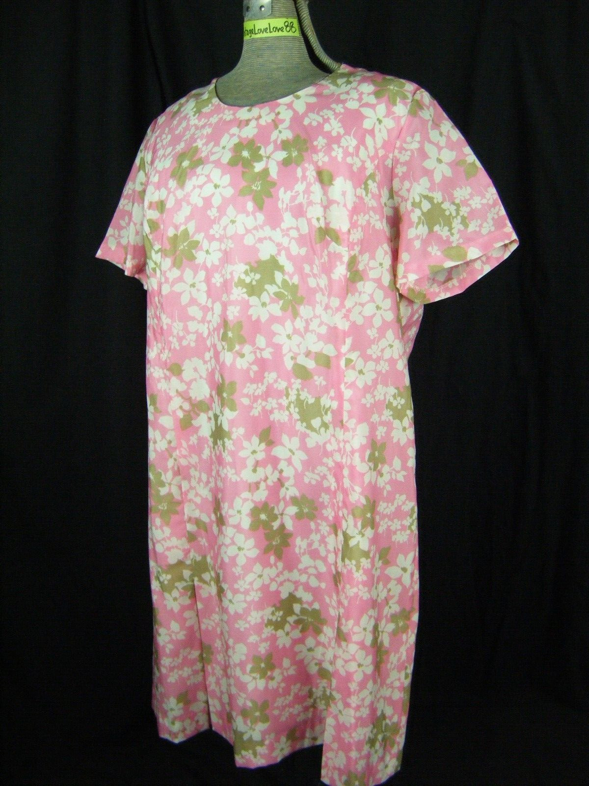 DIOLEN APART Vtg 60-70s Pink Green Floral Printed Sheath Dress-Bust 48/L-XL