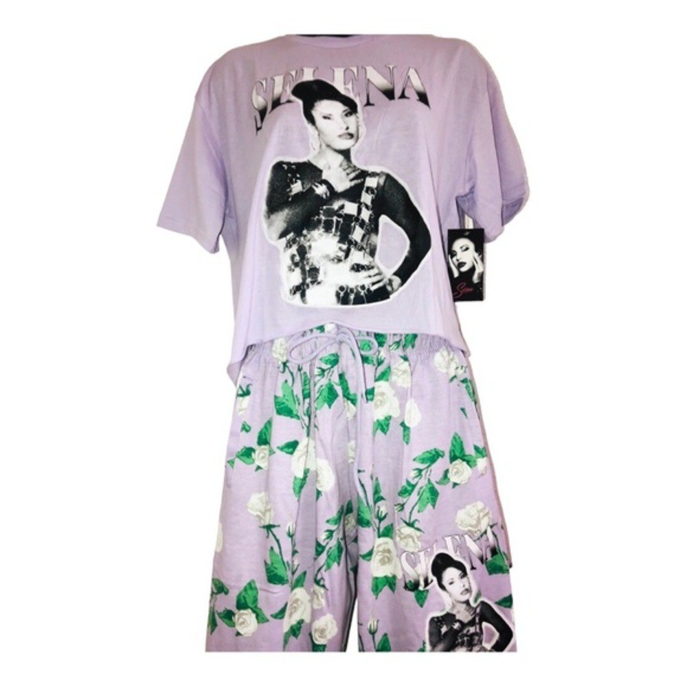 Selena purple white green floral crop shirt & joggers set size large brand new