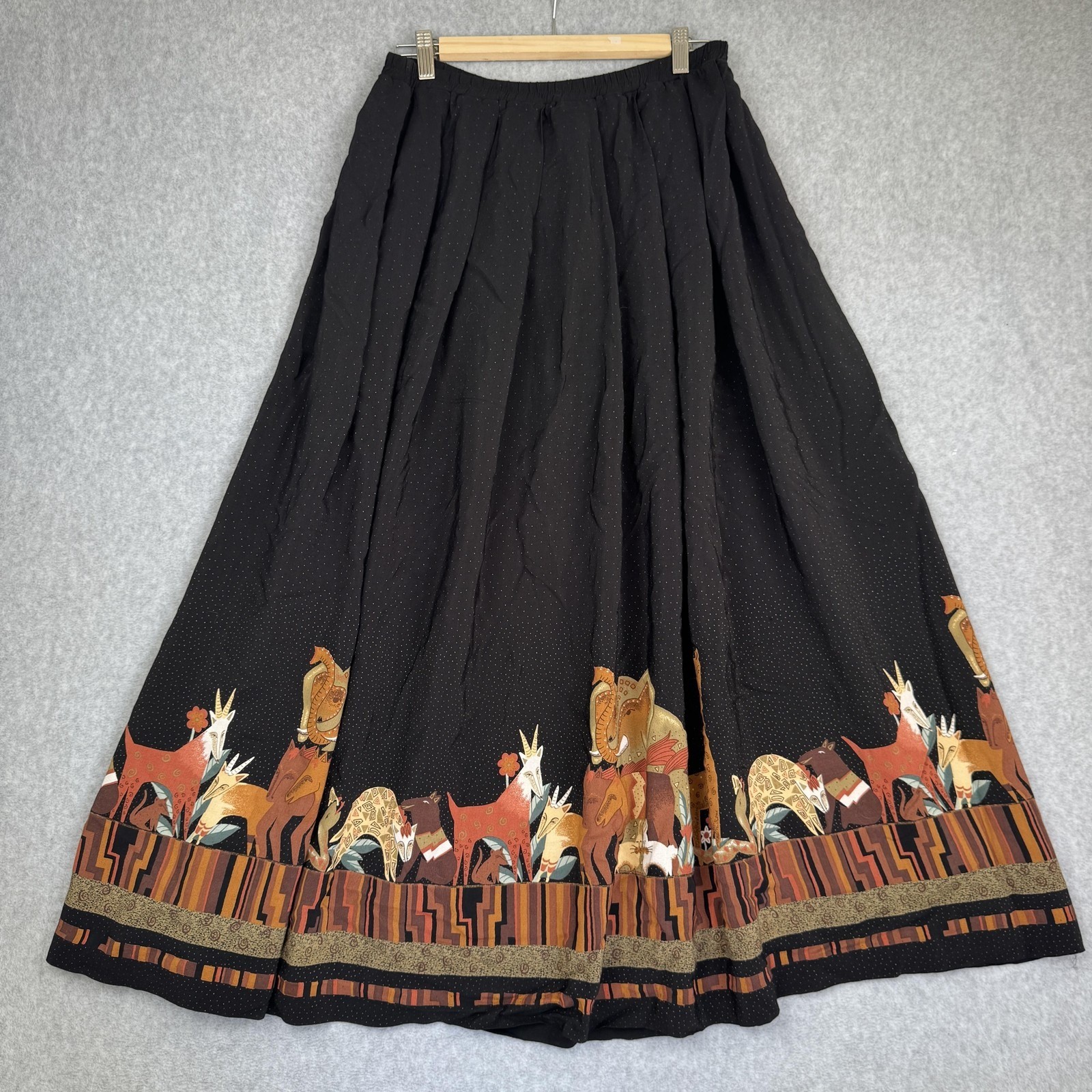 Vintage Howard Wolf Maxi Skirt Womens 10 Black Animal Print Border Rayon USA