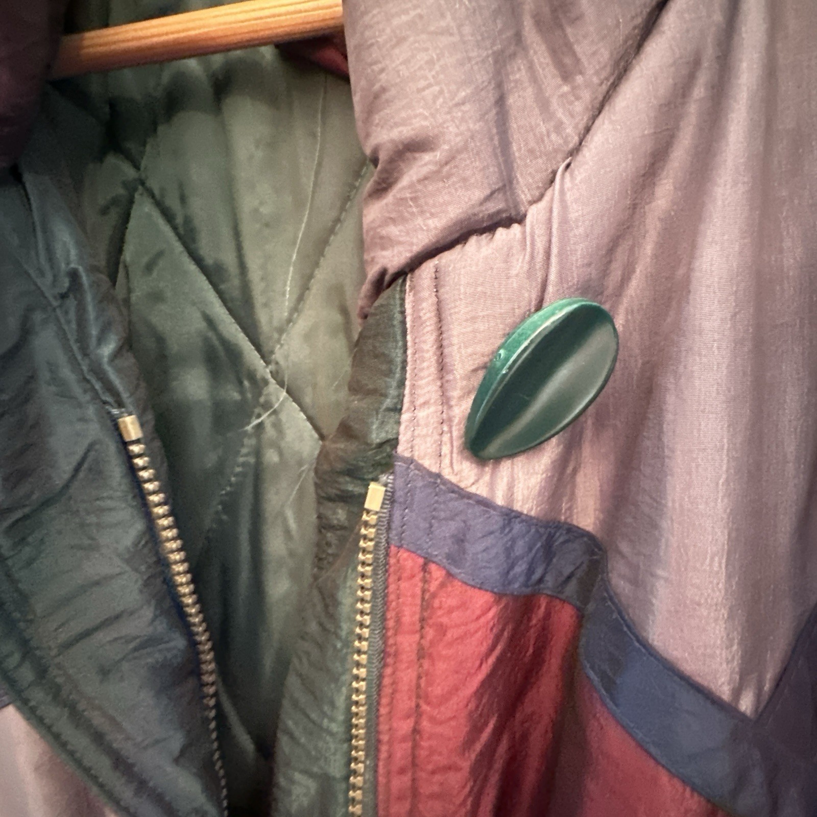 Vtg 90s Full Length Puffy Coat Cambridge Hunter Green Burgundy Sz L Korea Womens