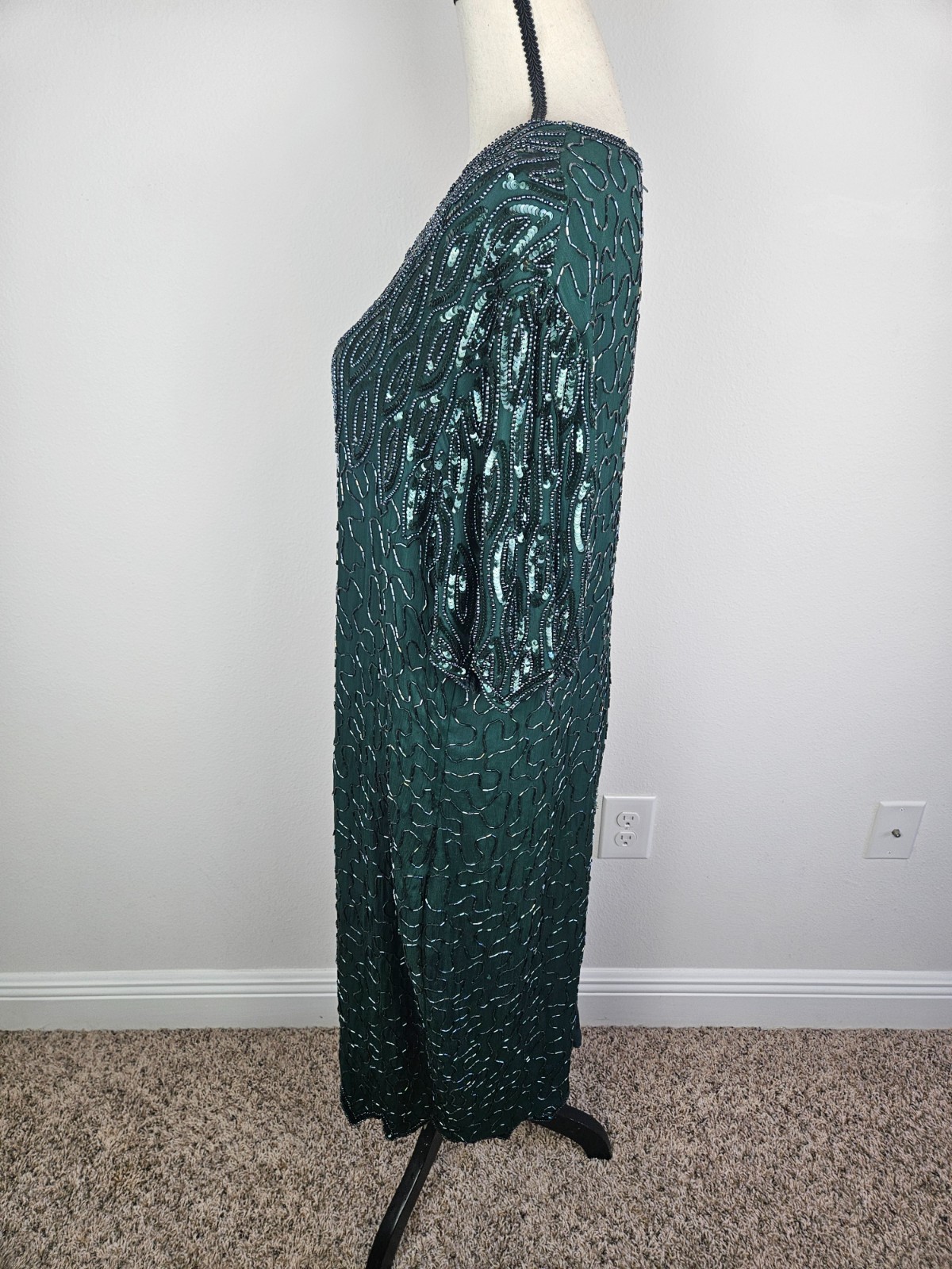 Women’s Vintage Beaded 100% Silk Emerald Green Dress Size 2X
