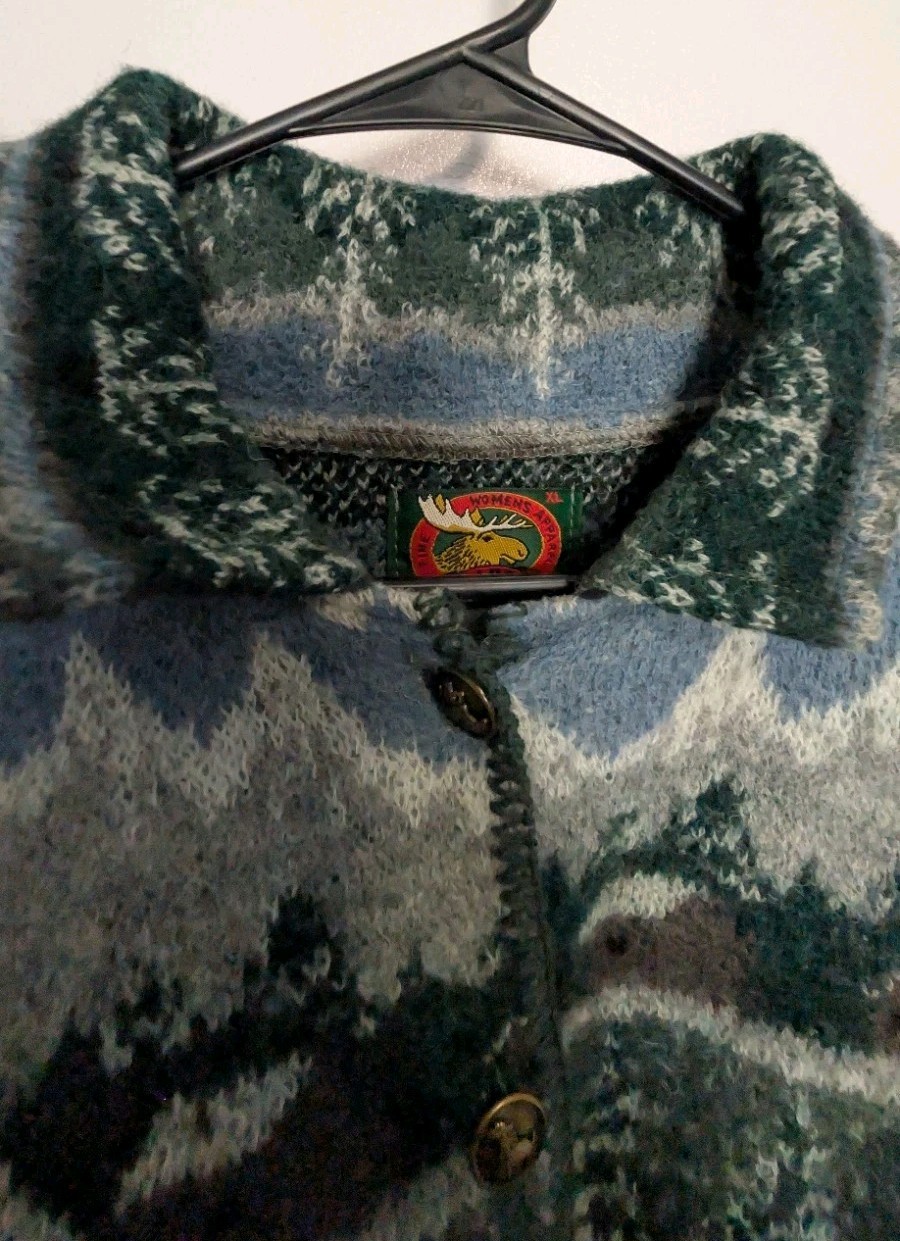 Vintage Alps 100% Wool Cardigan Sweater Women’s XL Mountain Scene Horse Cabin