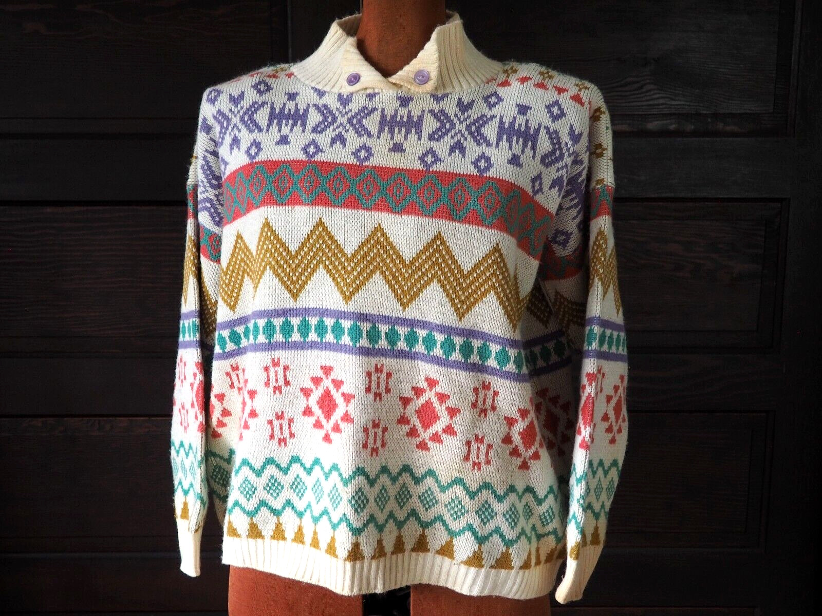 VTG 90s Sweetree 100% Wool Multicolor Retro Southwest Geometric Knit Sweater L
