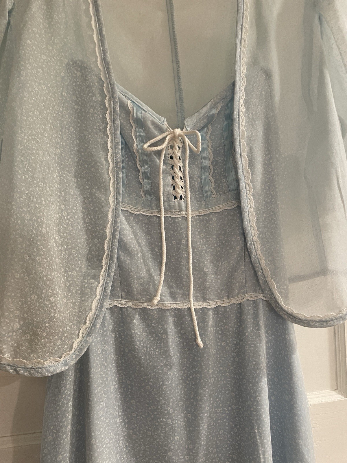 Vintage 1970’s 2Piece Maxie Dress Size Small Pale Blue & White W Bolero Top