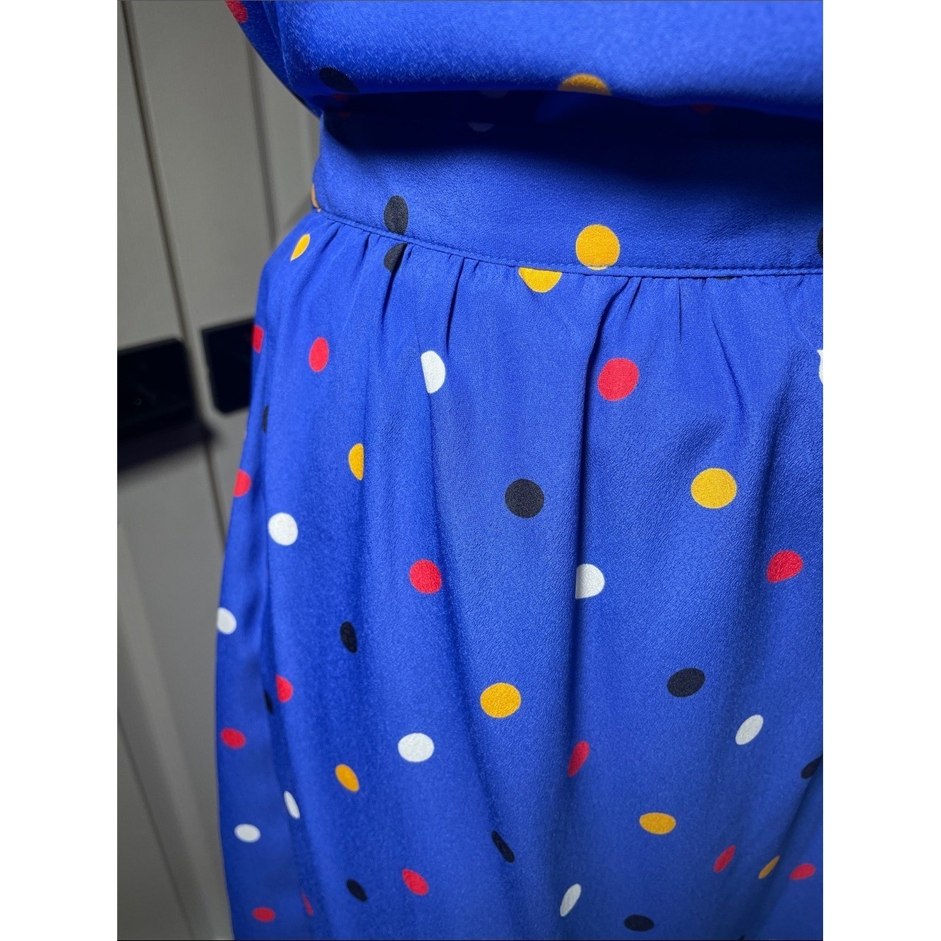 Vintage Sasson Blue Sleeveless Silky Polka Dot 2 Piece Dress & Black Blazer Sz M