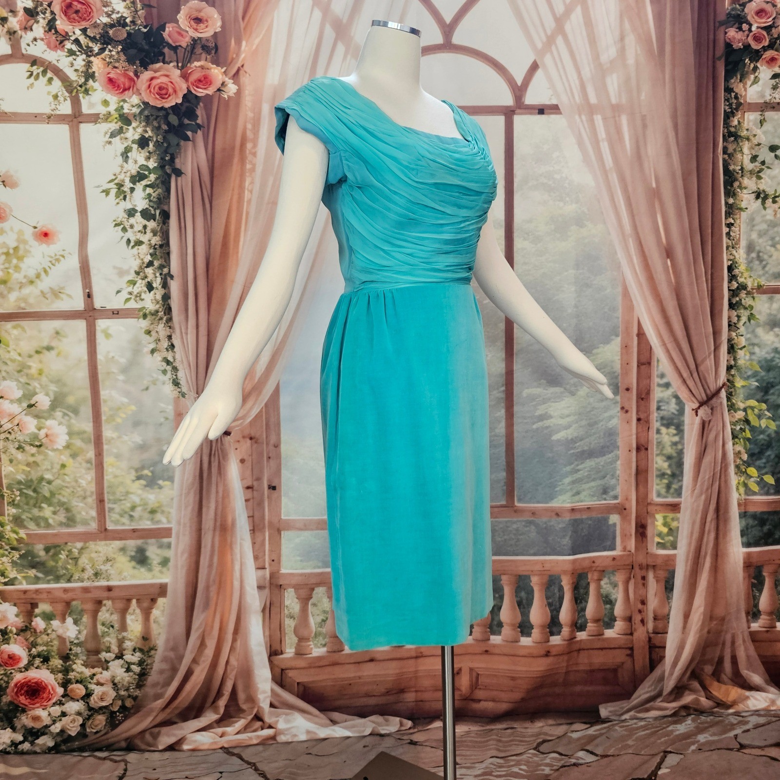 Vintage 1950s Dress Jay Herbert California Teal Ruched Draped Cocktail Formal