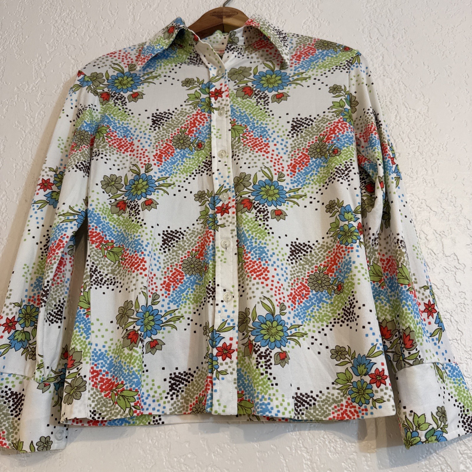 Robert Firenze Butterfly Collar Blouse Small – Floral Geometric Print Nylon NWOT