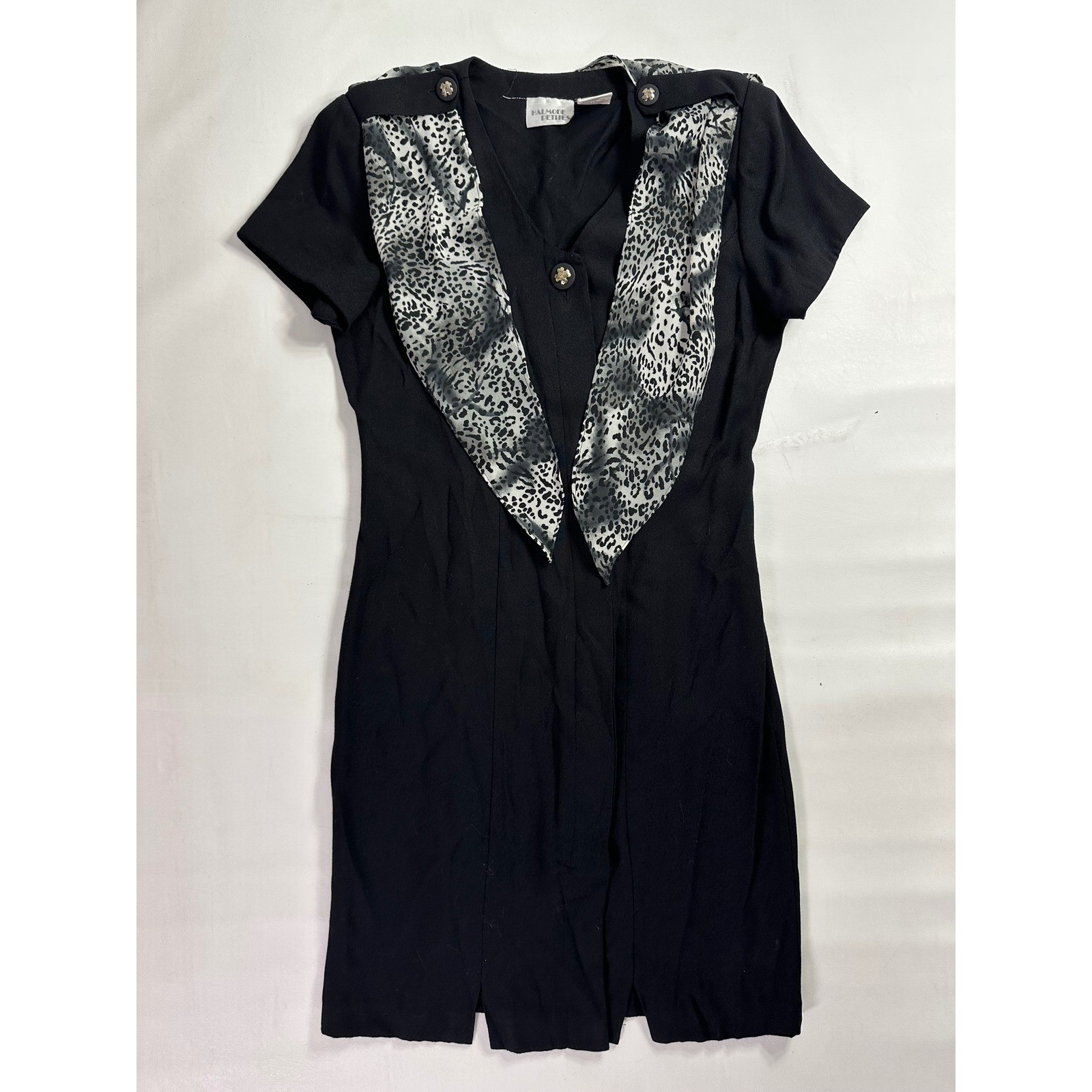 Halmode Petites Vintage 90s Black Sheath Dress Leopard Scarf Collar Size 8