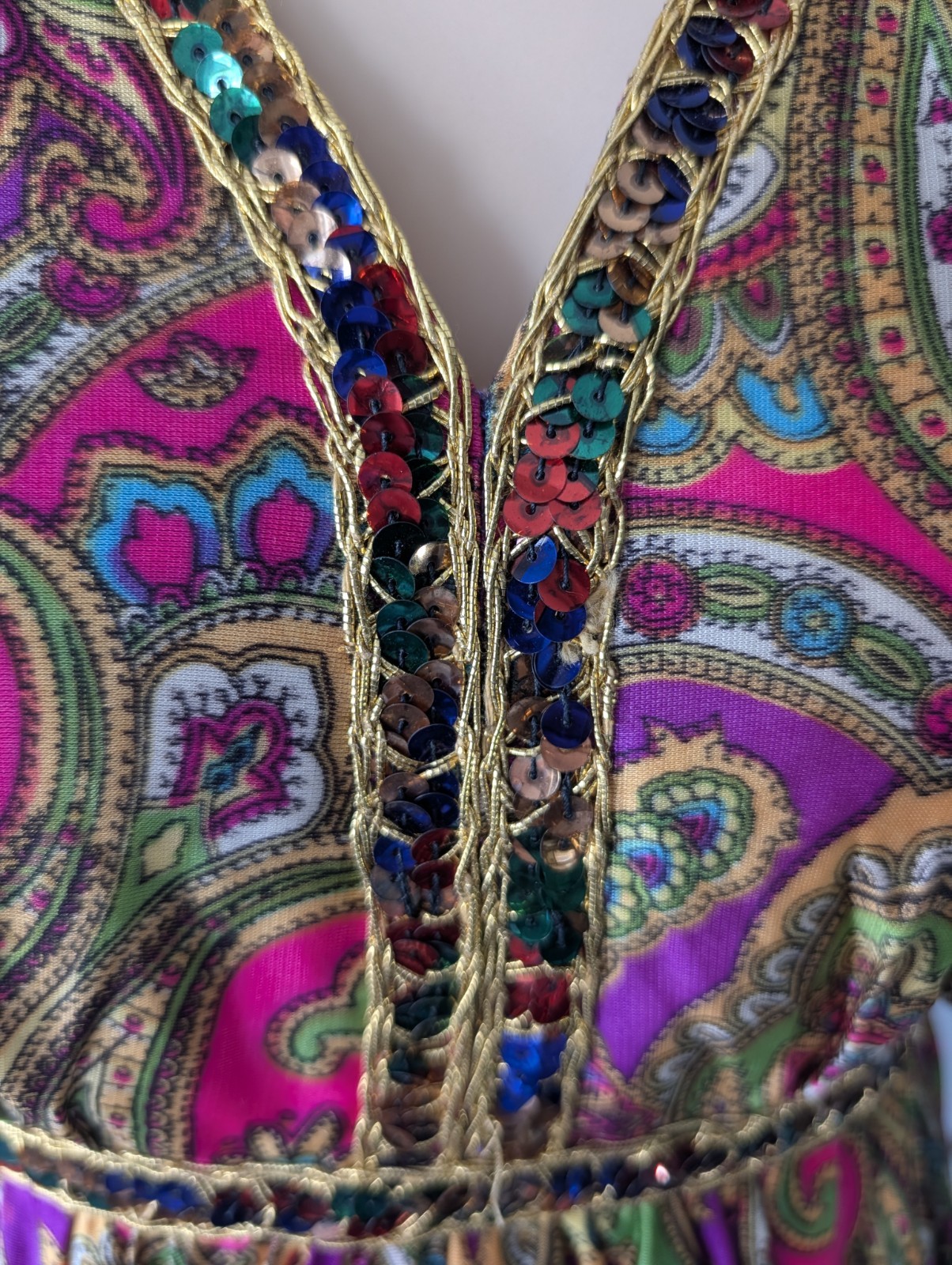 Vintage Vibrant Neon Paisley Jumpsuit Palazo Legs Sequins Psychedelic 1960s Smal