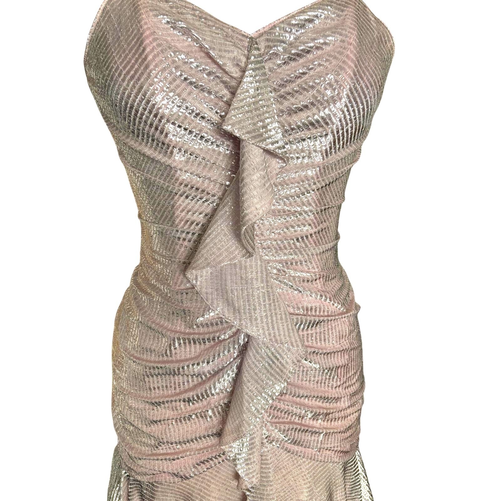 Vintage Ruched Metallic Lurex New Leaf by Samir Cocktail Dress Small Pink Silver