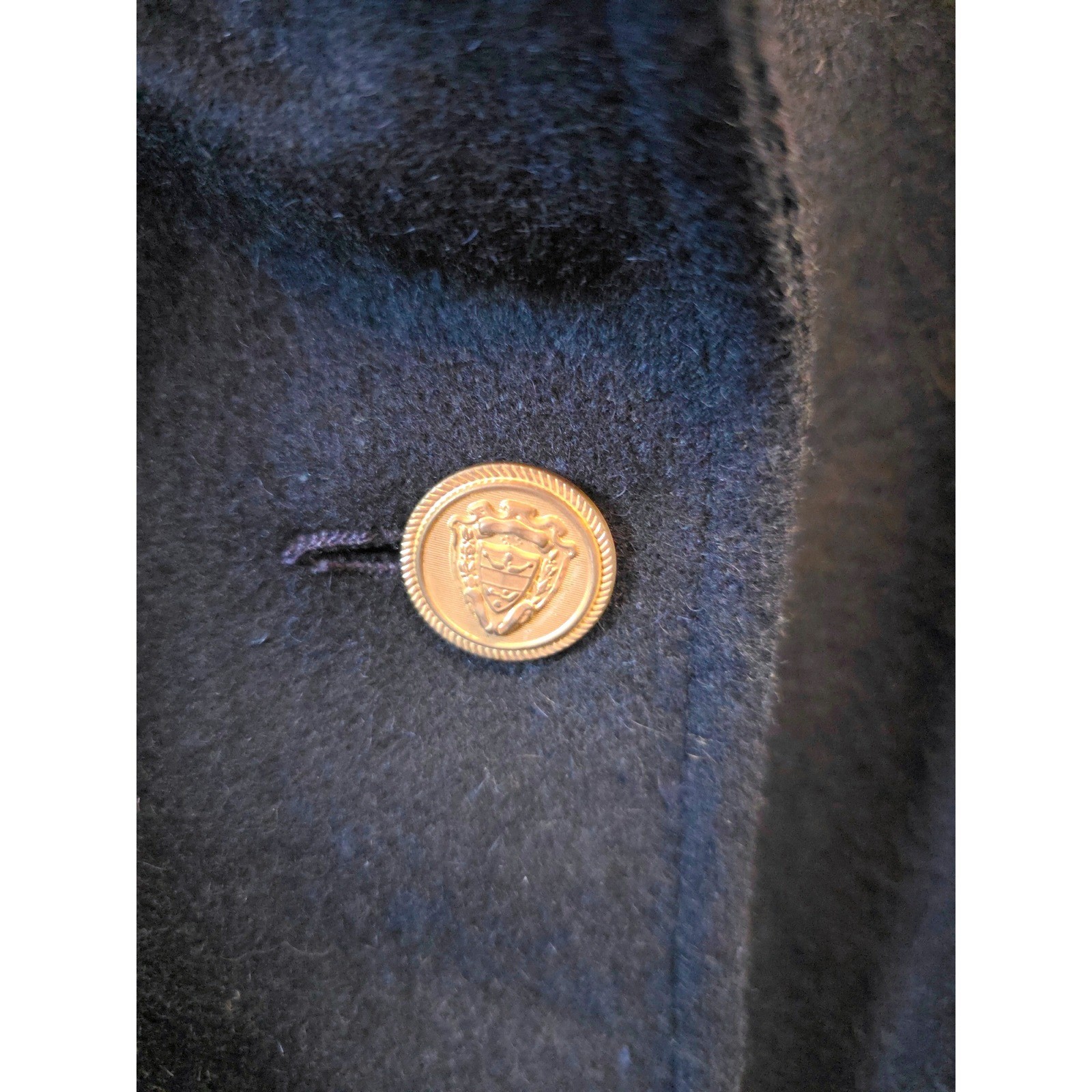 VTG JoFeld Andover Navy Wool Double Breasted Pea Coat Gold Crest Button L/XL?