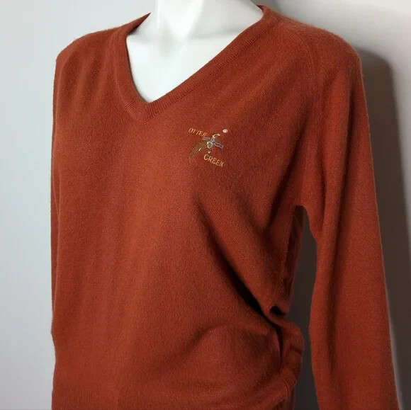 Vintage Lady Pickering Otter Creek brown orange long sleeve v neck sweater L