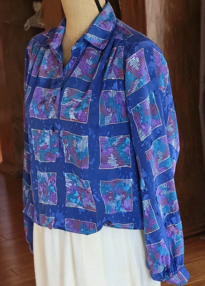 Da Rue Of California Vintage Blue Polyester Geometric Design Blouse Large