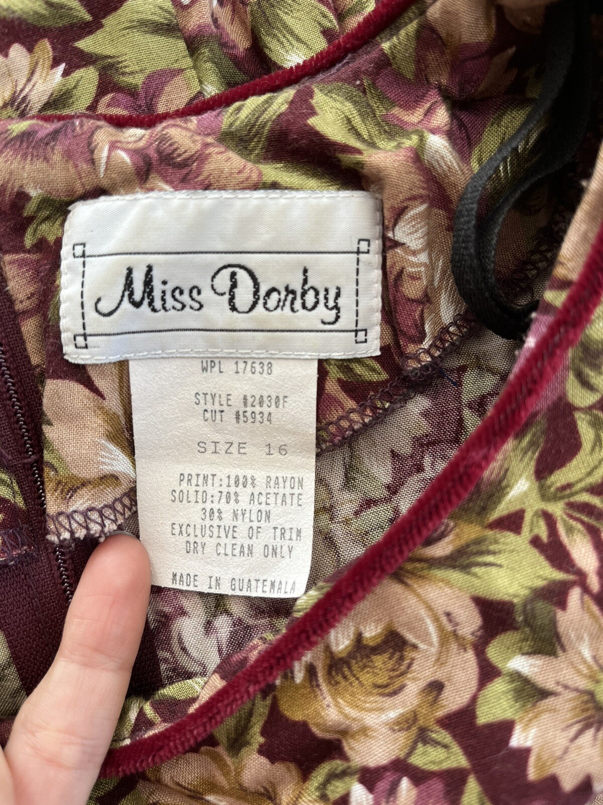 Vtg 80s Floral Dress Secretary Holiday Cinch Waist Miss Dorby Velvet Cottage 16