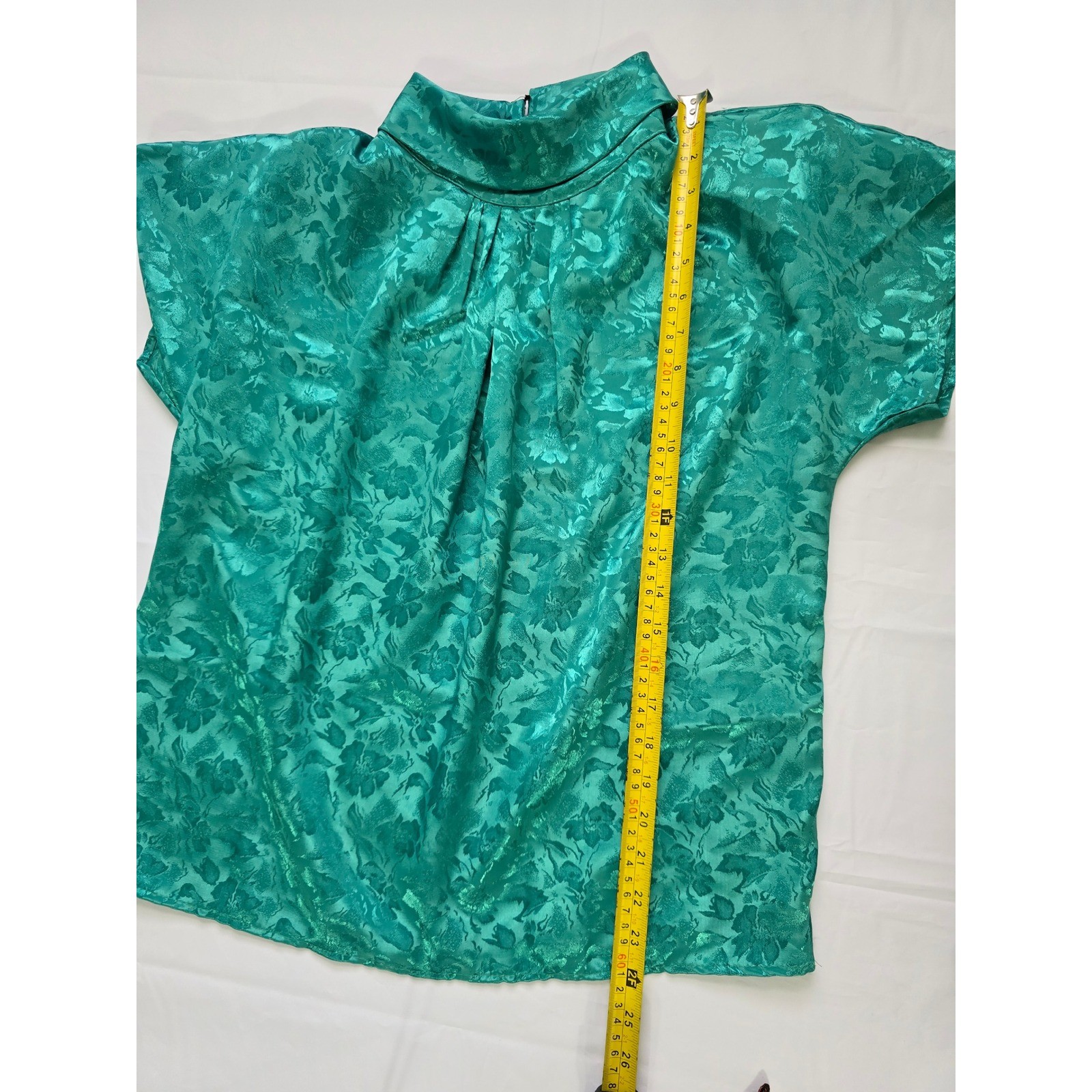 Cindy Collins Vintage Emerald Green Floral Jacquard Mock Neck Blouse Large USA