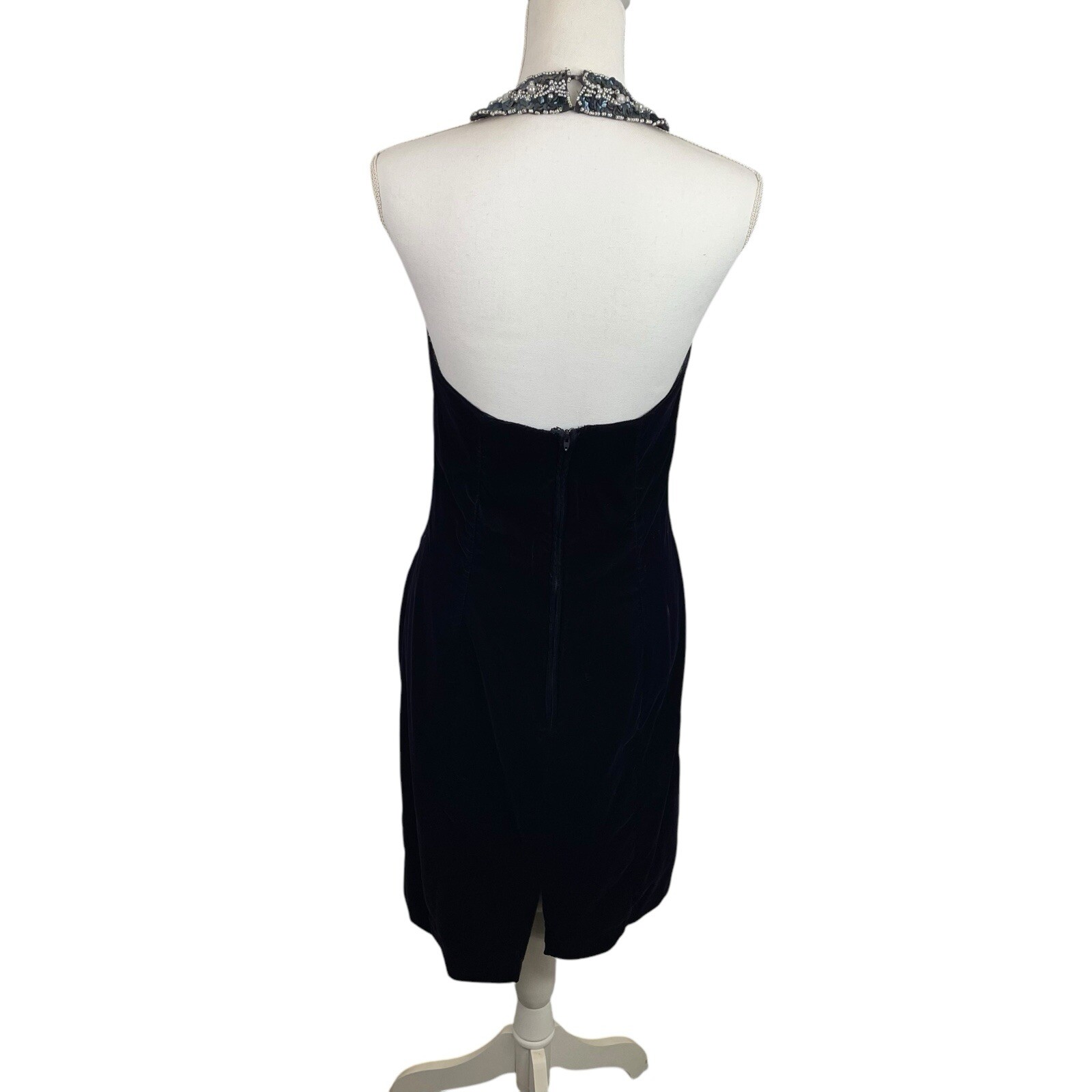 Niki Originals Size 10 Navy Velvet Sequin Beaded Halter Neck Dress 90’s Y2K VTG