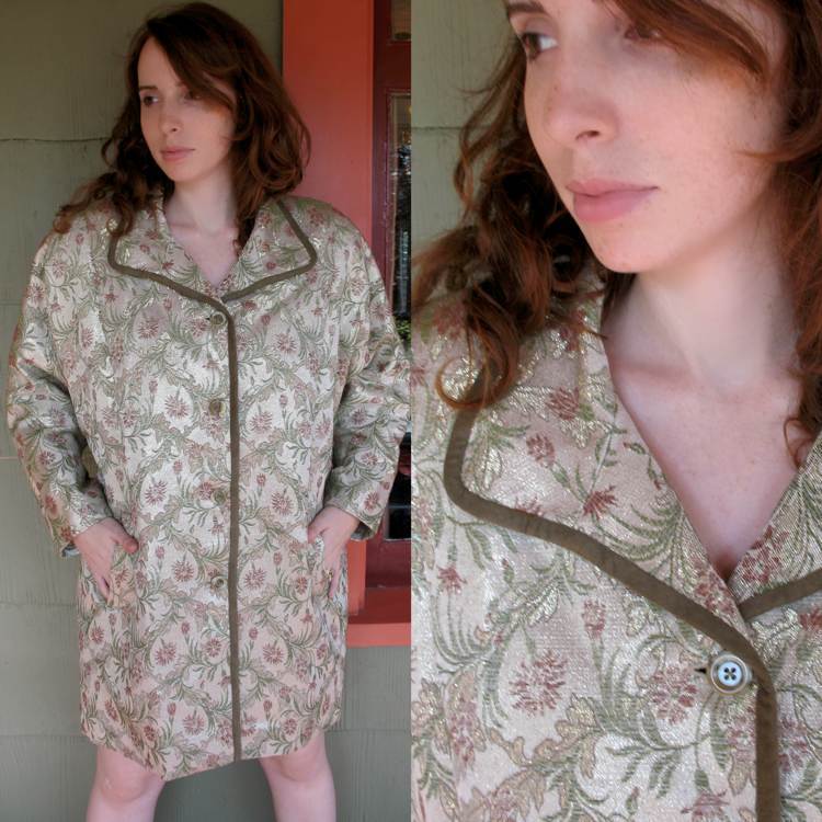 VTG 60s 70s Gino Rossi Gold Metallic Evening Cocktail Coat Floral Brocade XL 1X