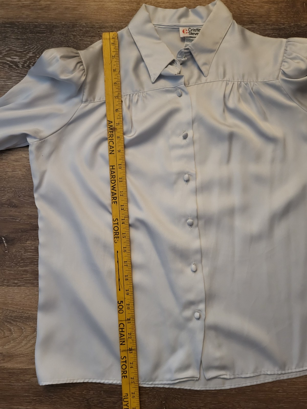 Vtg Cristin Stevens Blouse Gray Silky Long Sleeves Button Up 46″ Bust