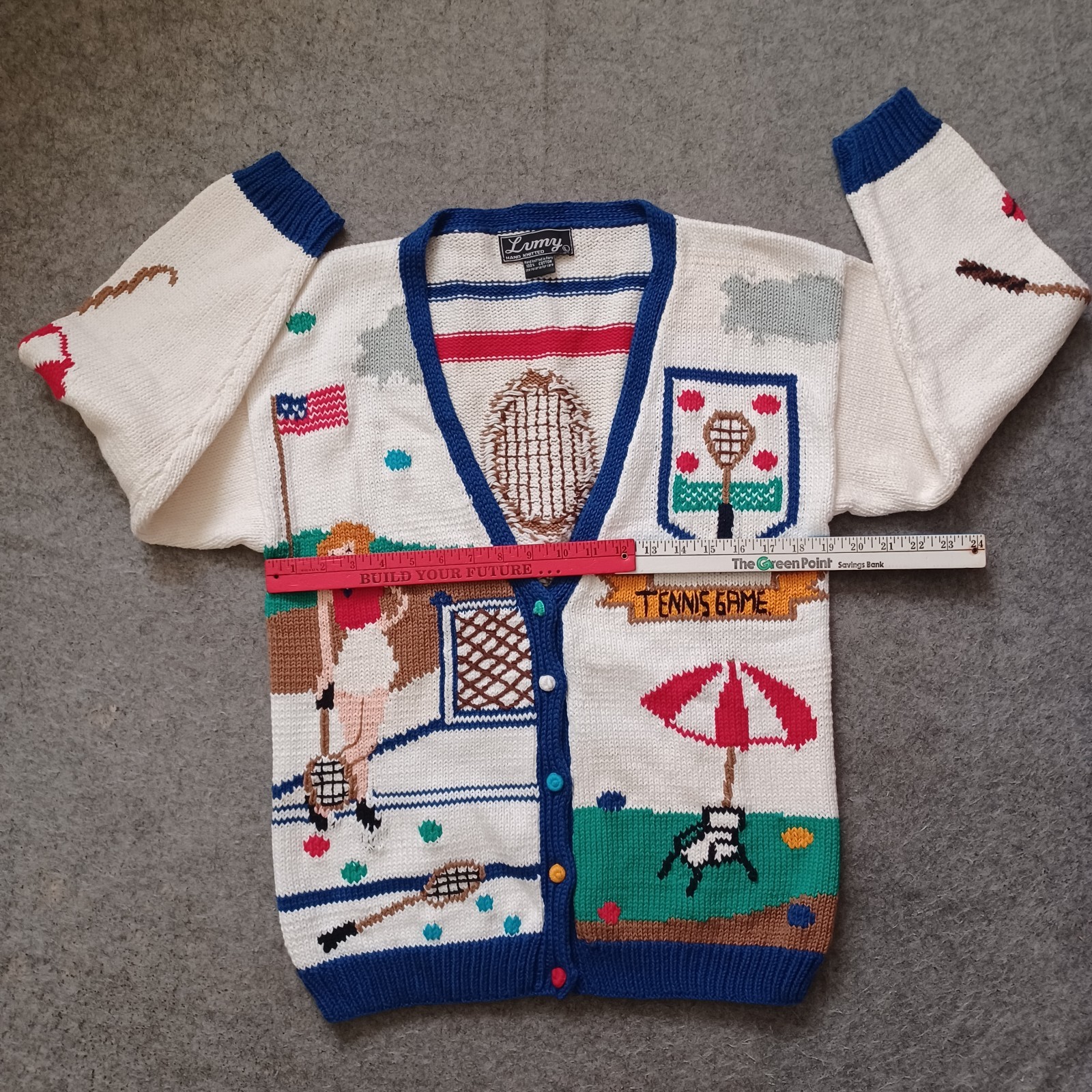 Vintage Lumy Cardigan Sweater Womens Large Tennis Game Theme Hand Knitted 80s