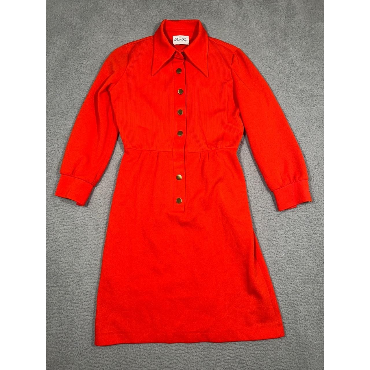 Vintage Small Butte Knit Orange-Red Collared Dress Button Front Retro Style