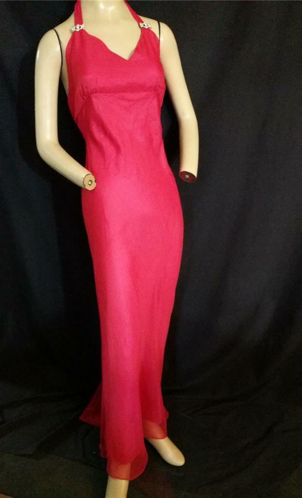1980’s VINTAGE RED CHIFFON EMPIRE LONG KIKI EVENING, PROM DRESS-34″ BUST-USA