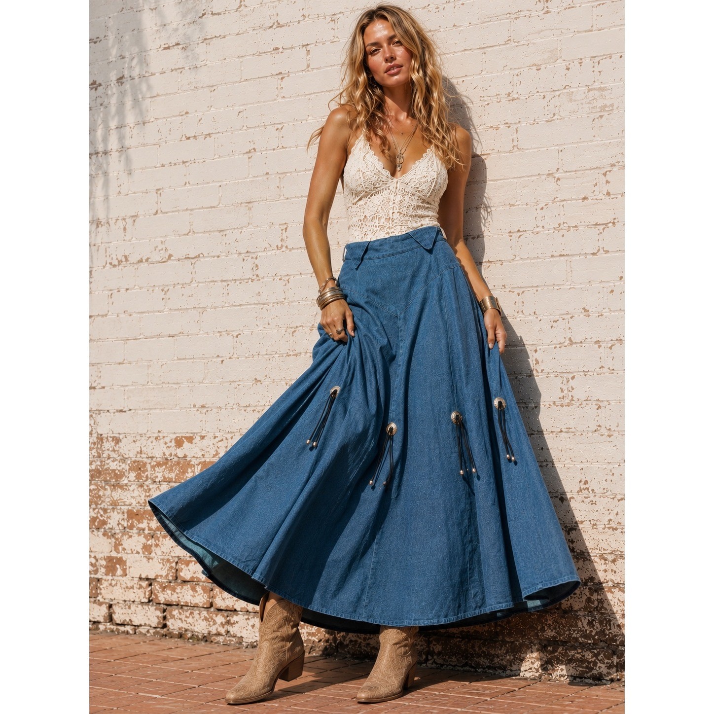 Vintage Blue Cotton Denim Maxi Skirt Western Concho Boho Full Sweep Size 12