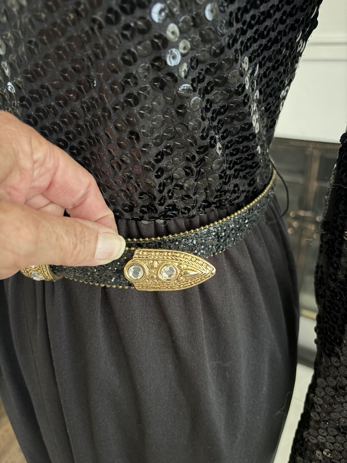 Vintage Dominic Rompollo Dress Gown Sz 6 Black Sequins Gold Belt Long Sleeve