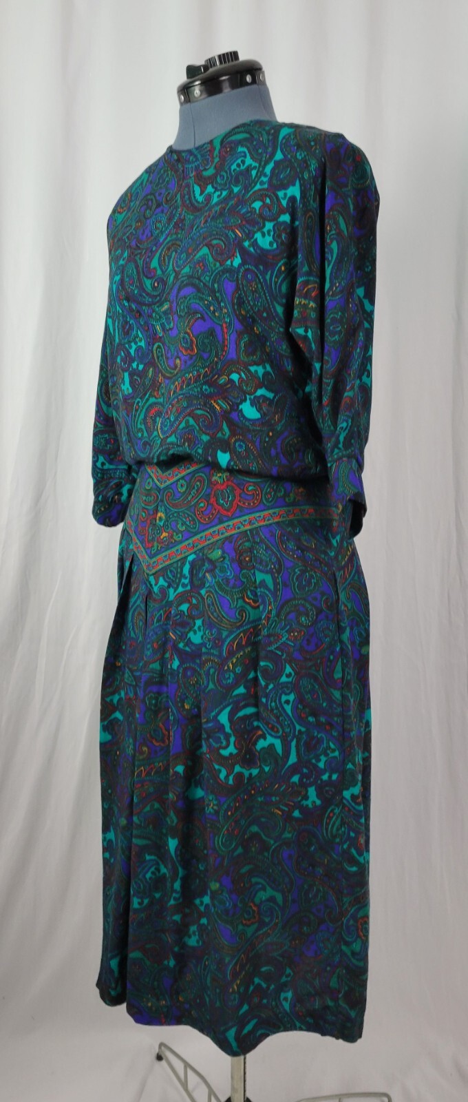 Vintage VLP Petites Green & Purple Paisley Blouson Secretary Dress SIze 8
