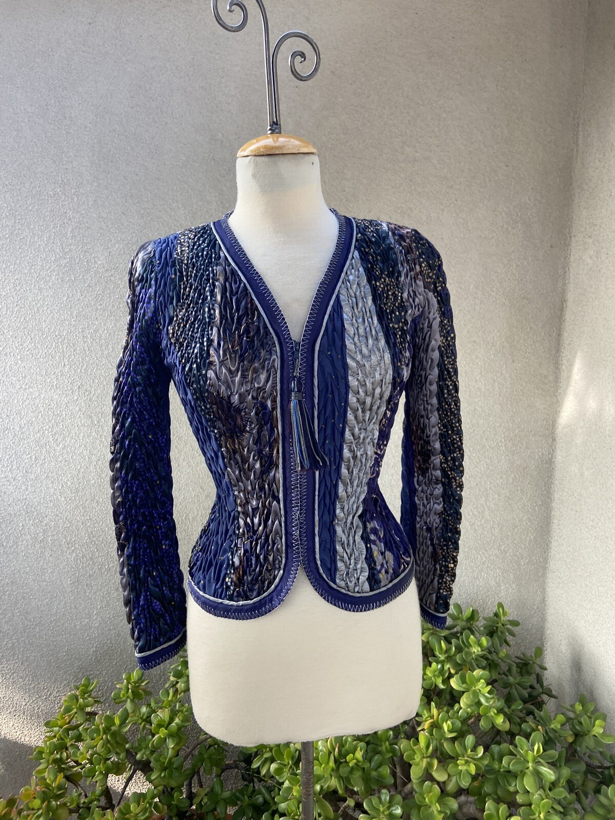 vintage Jacket 80s Jeanne Marc ruched Blue Grey Sz XS Petite 2