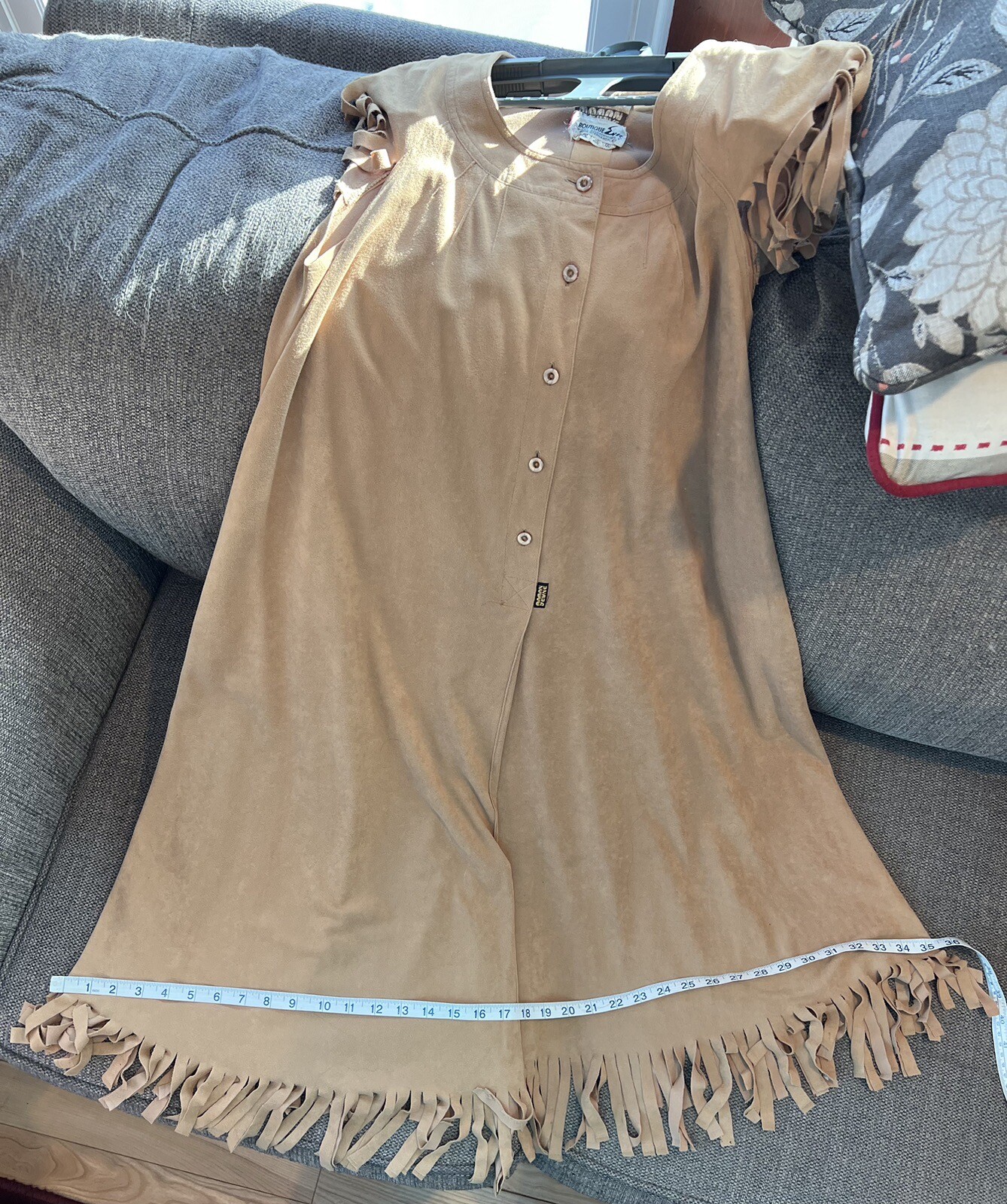 Vintage Boho Fringed Suede European Boutique Midi Dress Cap Slv Flare W Euro 38