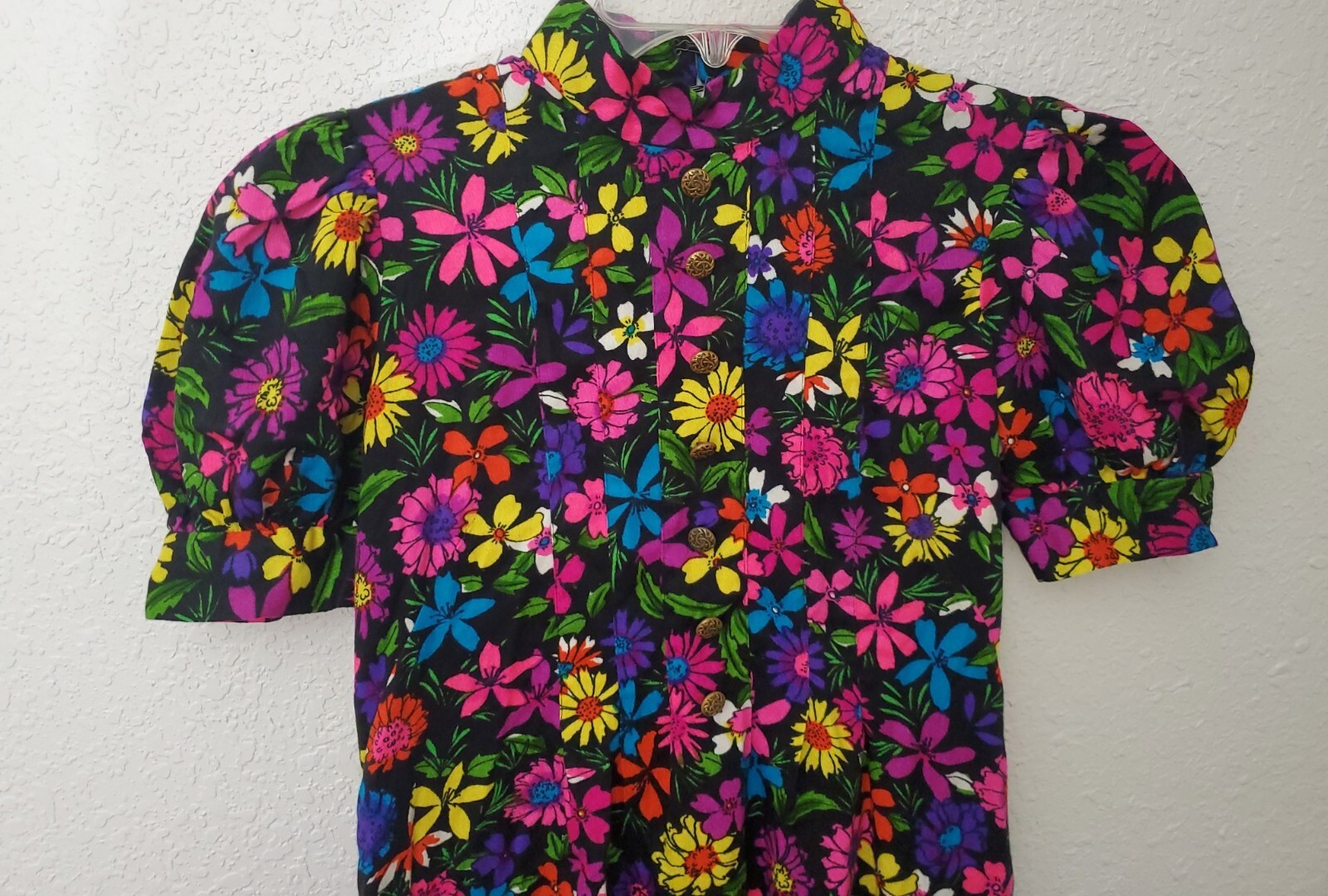 VTG 70s Maxi Dress Womens Short Sleeves Black Colorful Vibrant Floral Zipper
