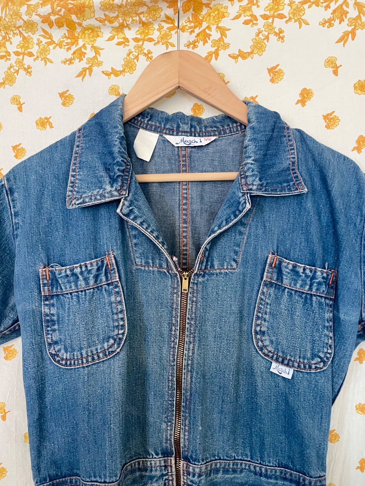 Vintage 70s Denim Jumpsuit March 1 Zip Front Utility Workwear USA Cotton 11 12