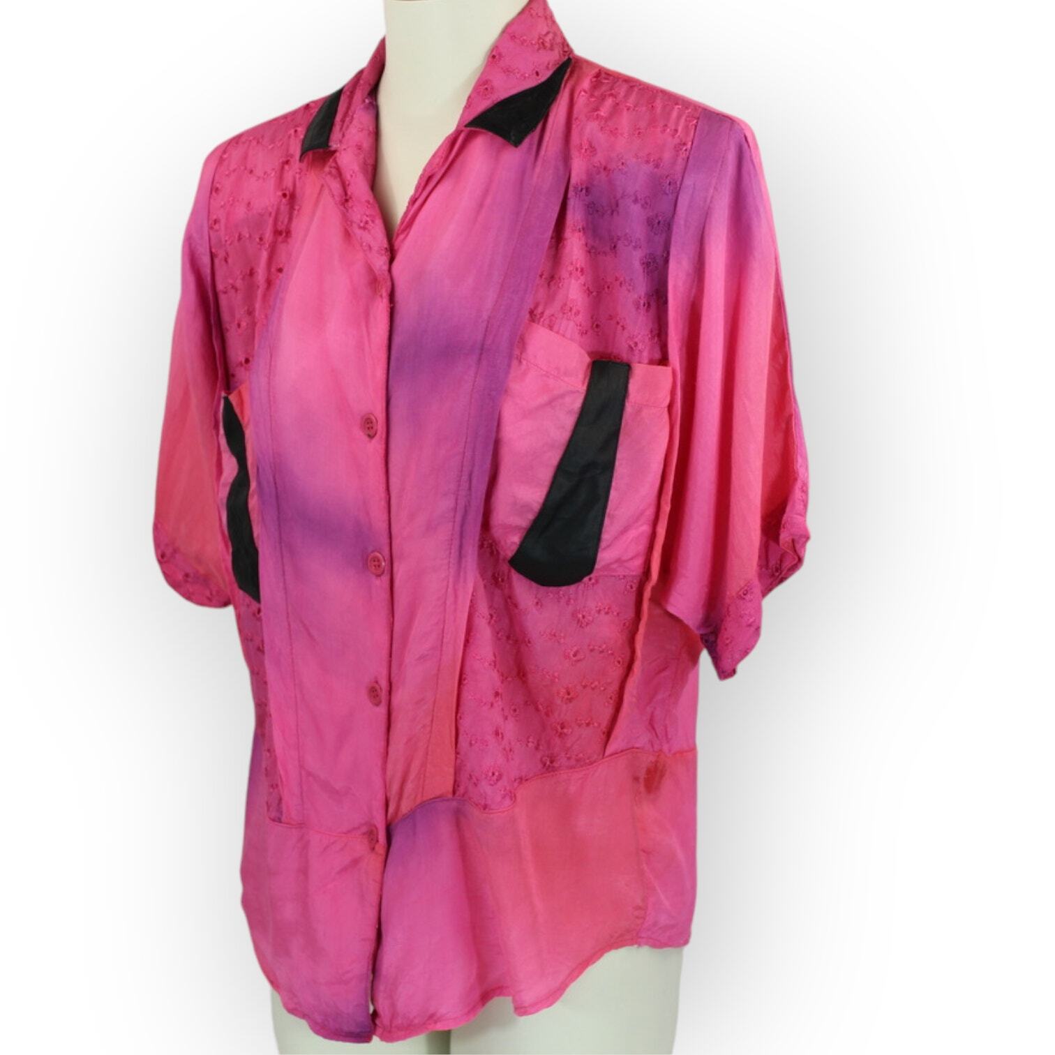 Vintage 80s Maharaj Blouse (S) Rayon FauxLeather Embroider Dyed S/S ButtonUp